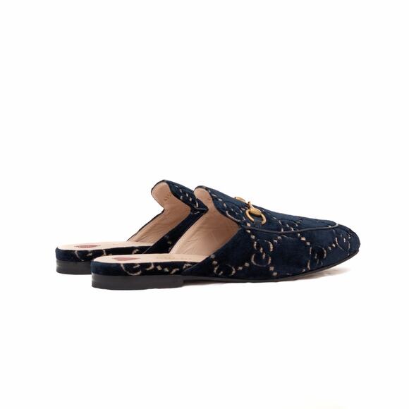 Gucci Princetown GG Monogram Blue Velvet Horsebit Mule Slides Navy 37 US7 - Picture 7 of 16